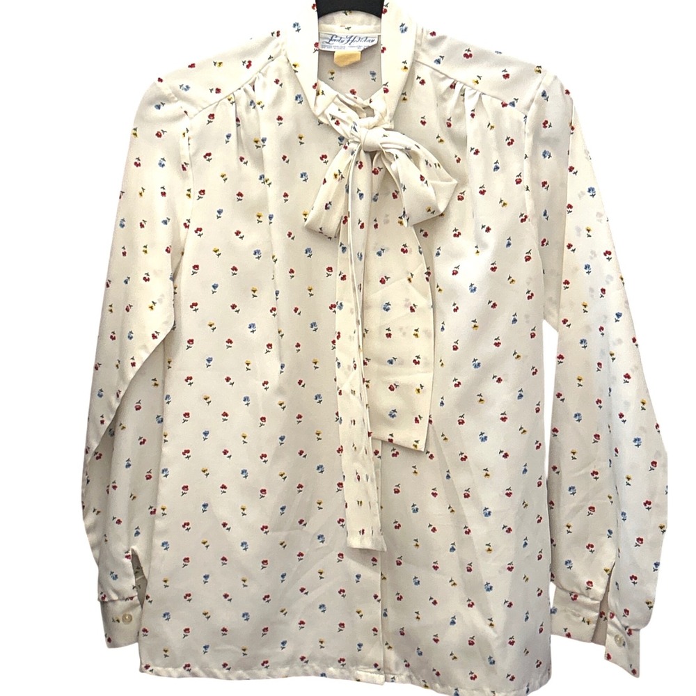 70s Lady Holiday Floral Bow Blouse Cottagecore Librarian Retro Secretary